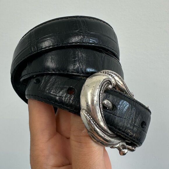 Vintage Black Leather Croc Embossed Western Belt Ornate Silver Buckle Size M - Picture 3 of 8